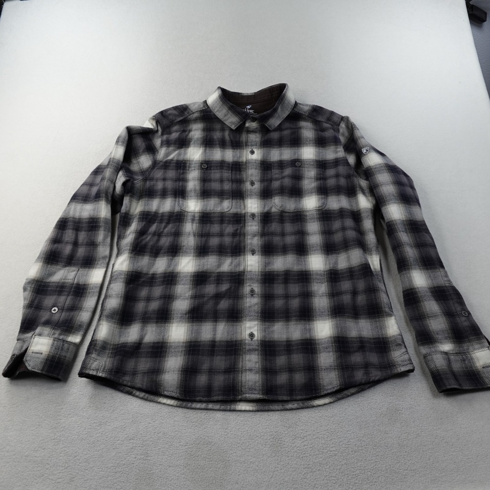 Kuhl The Law Flannel Shirt Mens Medium Blue Shadow Plaid Hiking Outdoors
